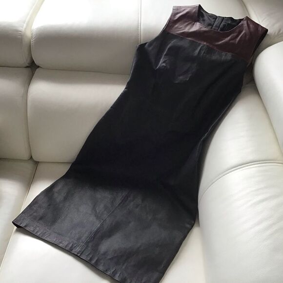 Genuine Leather sheath dress Tristan colorblock black &maroon size 2 power dress - Picture 4 of 16